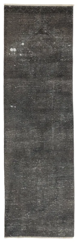Full top view of the charcoal and gray vintage runner rug on a white background