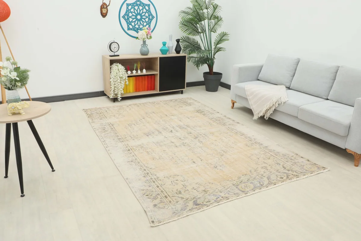 Vintage beige and gray Anatolian rug displayed in a modern living room setting with a light gray sofa.