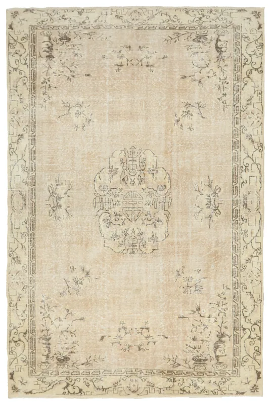 Full top view of the 7x11 vintage ivory and gray Anatolian area rug