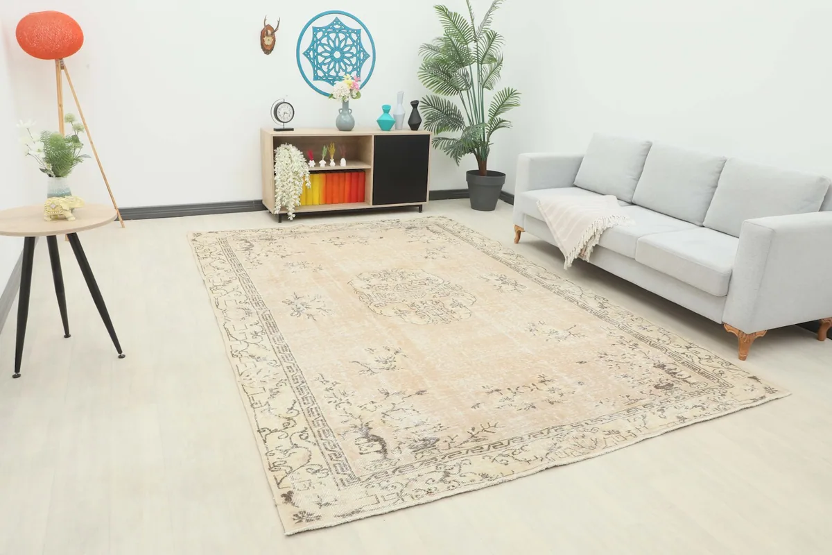Vintage ivory and gray area rug grounding a living room with a sofa and side table