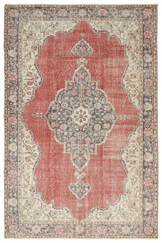 Full top view of a large vintage Anatolian rug with a rust field, navy medallion, and ivory border.