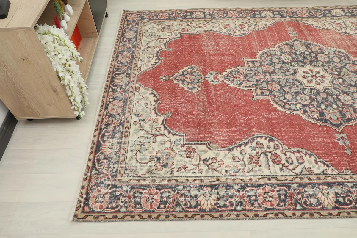 Another angle view highlighting the faded rust color and detailed ivory and navy border of the rug.