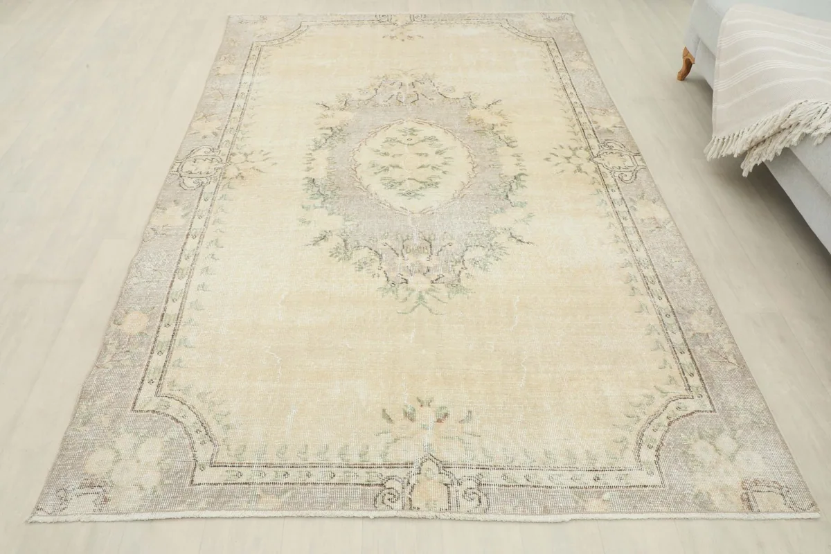 Full overhead view of the ivory and gray rug in a room setting