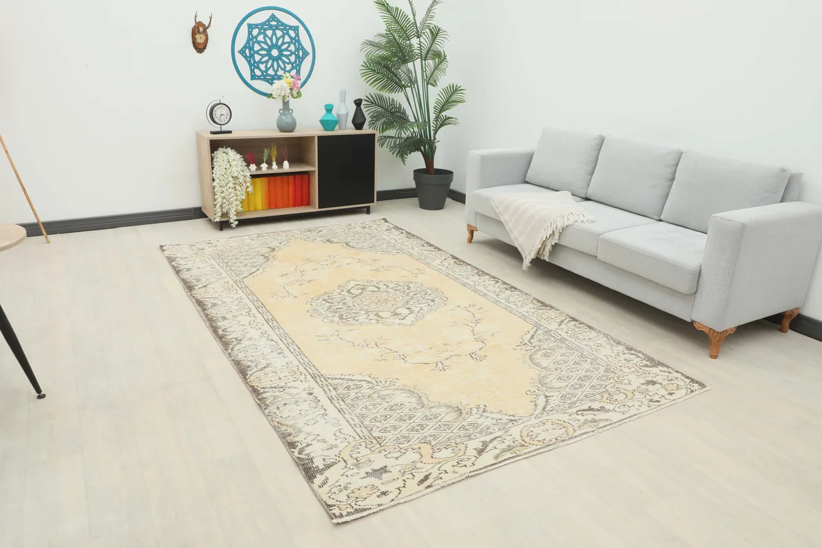 Beige Medallion Anatolian Rug placed in a modern living room setting with a light gray sofa and wooden cabinet.