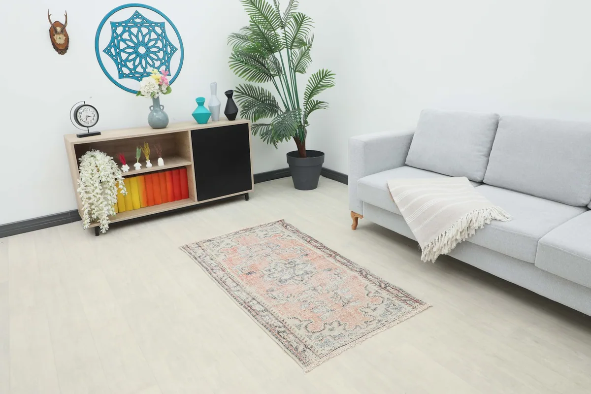 Orange and gray vintage rug placed in a living room setting with a light gray sofa and modern decor.