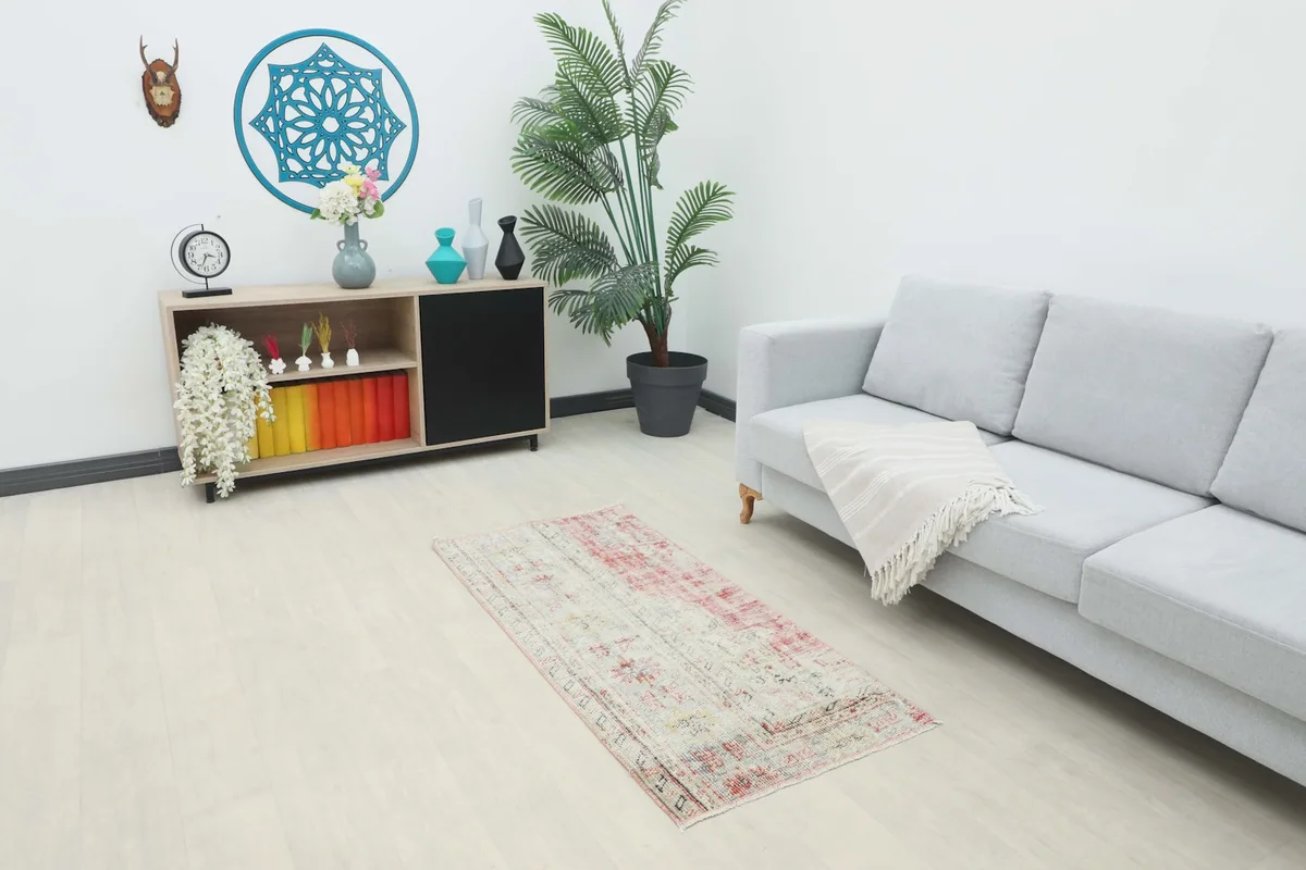 Vintage cream and rose rug displayed in a modern living room setting with a gray sofa