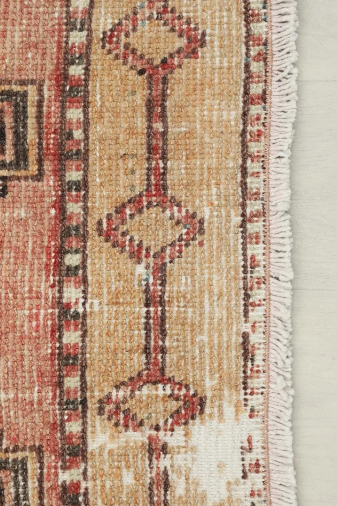 Close-up of the beige border with red/rust accents and fringed edge, showing natural wear.