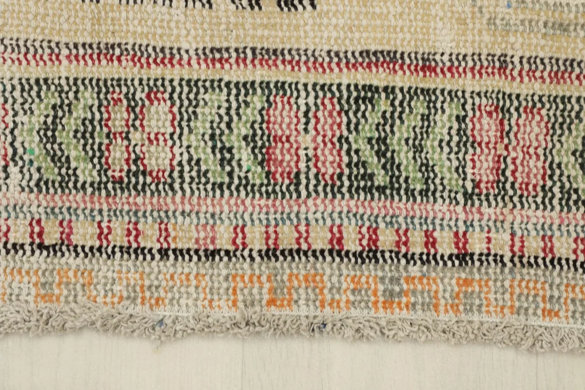 Close-up of the rug's border, revealing the geometric patterns in rose, green, and black.