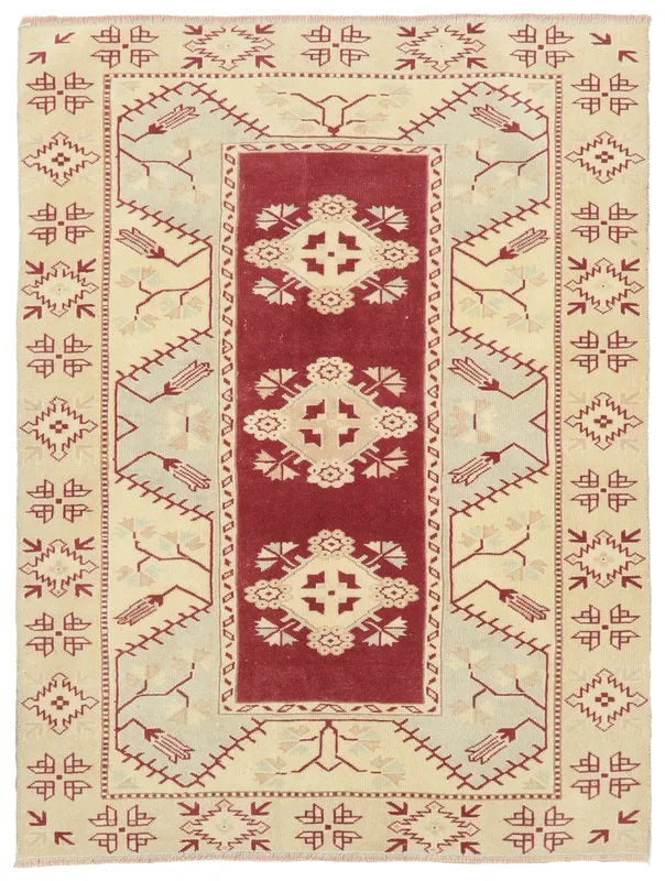 Rose Geometric Anatolian Rug, full top view showing the central rose panel and cream field.