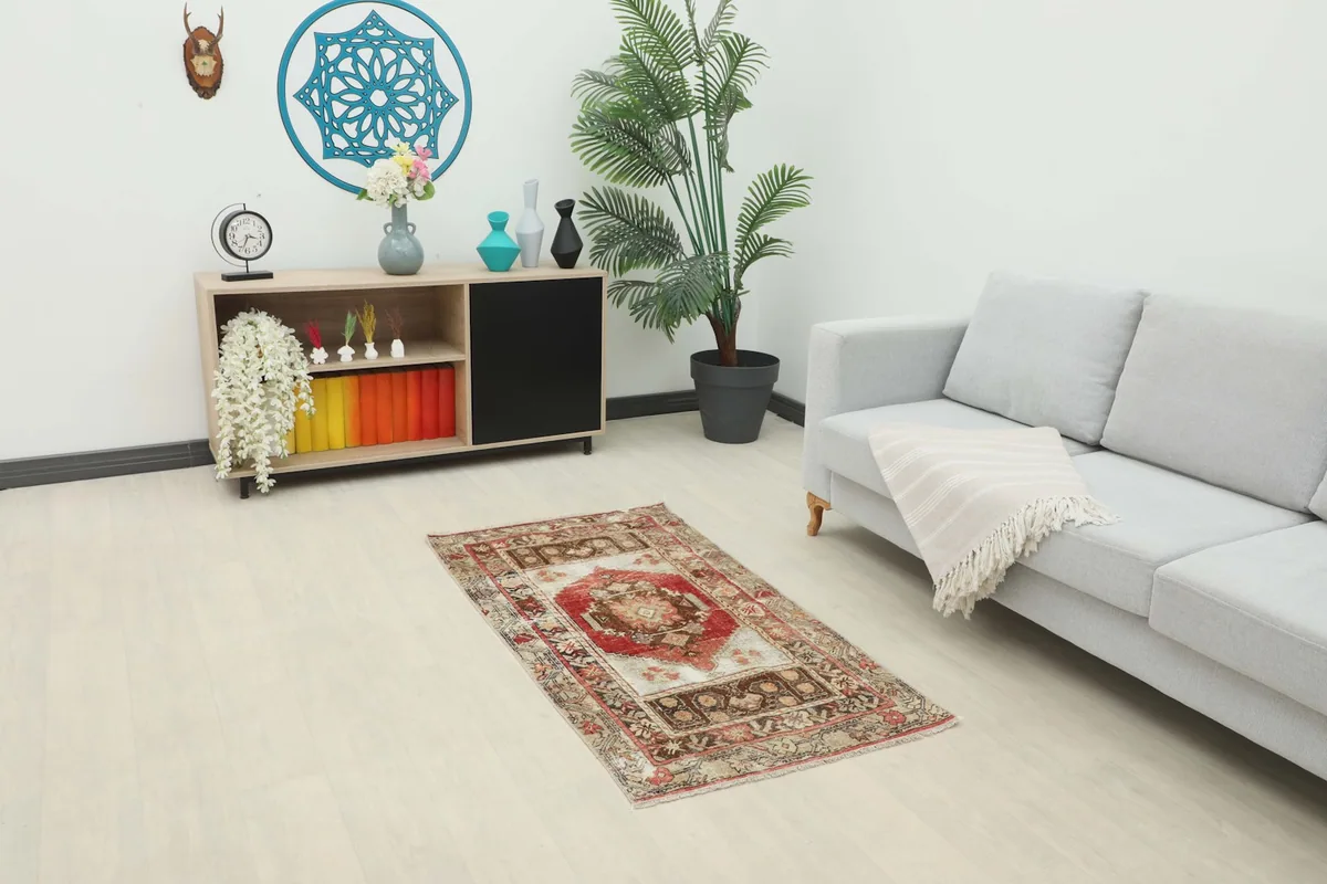 Vintage Anatolian rug displayed in a modern living room setting next to a sofa and cabinet