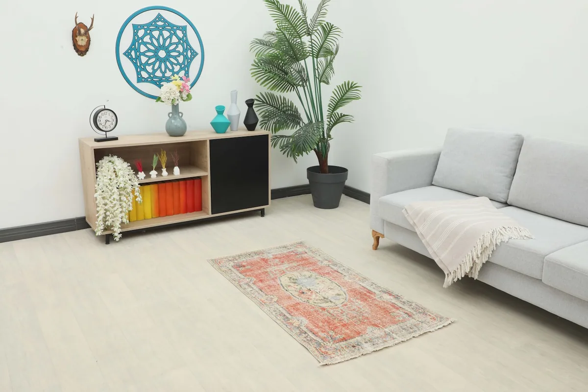 Rust area rug placed in a modern living room setting with a light gray sofa and wooden cabinet