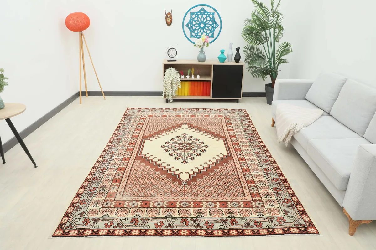 Full view of the rug laid out in a contemporary living space, providing scale.