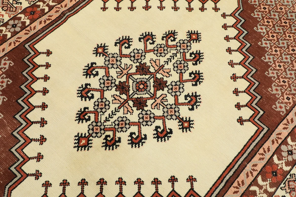 Close-up of the intricate tribal motifs within the ivory central medallion of the rug.