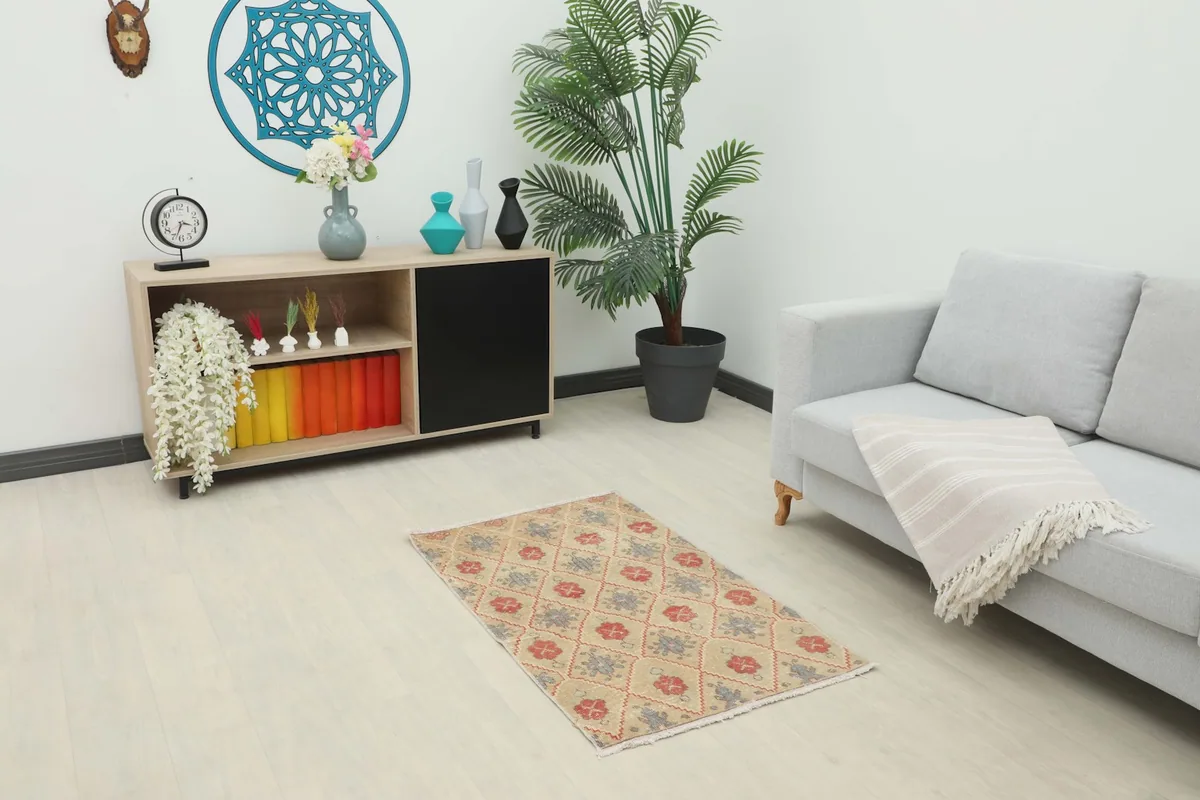 Vintage rug displayed in a modern living room setting next to a sofa and cabinet.