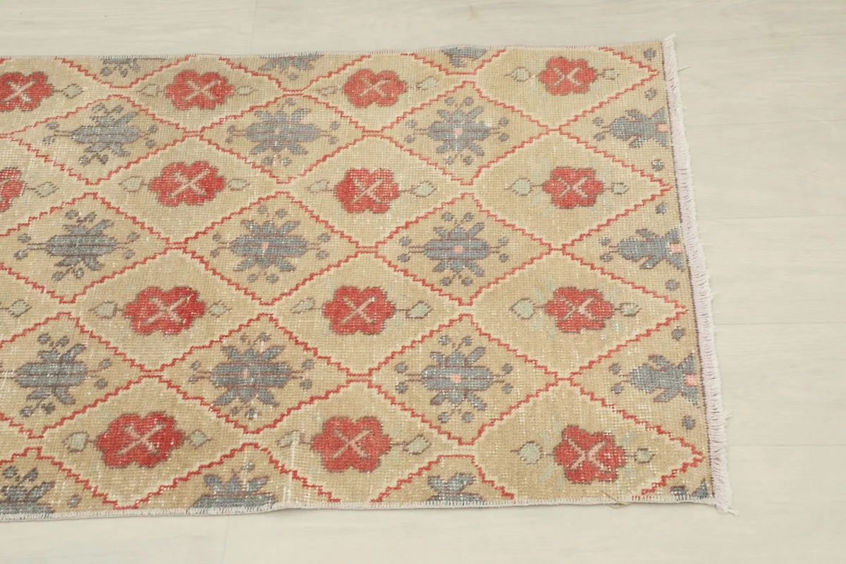 Close overhead shot focusing on the tan field and red and gray geometric patterns of the rug.