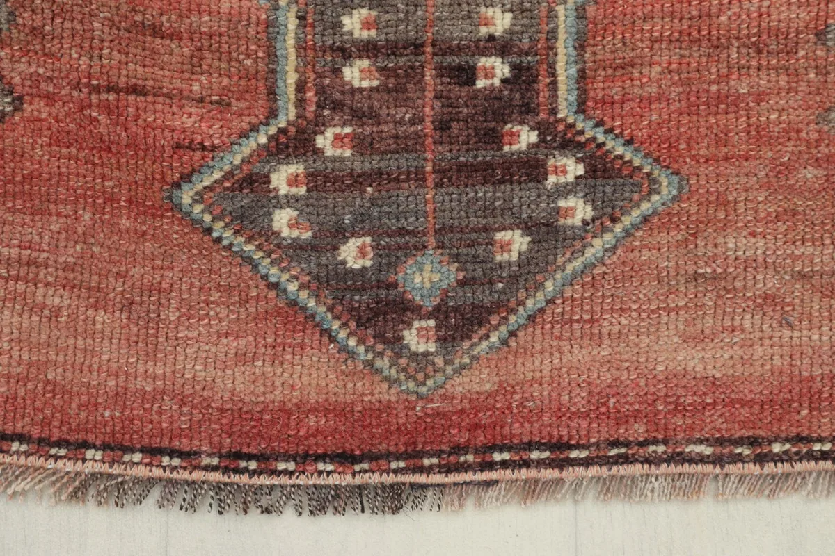 Detail of the rug's edge and fringe, showing the low pile and texture.