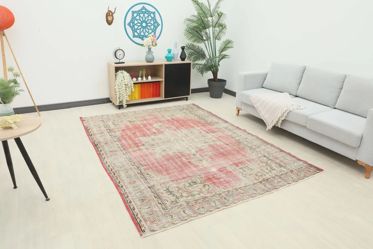 Vintage rose and beige rug displayed in a bright modern living room setting