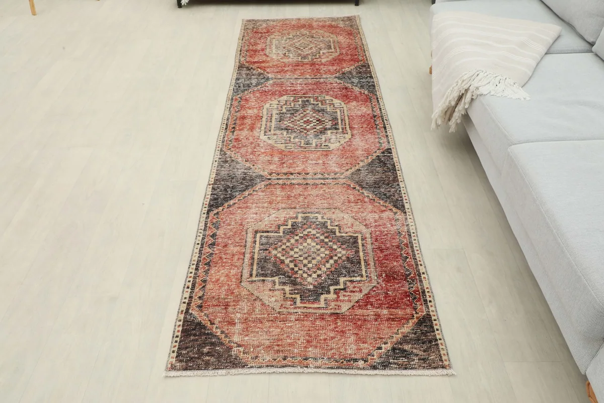 Full overhead view of the runner rug laid out, providing a complete perspective of its design.