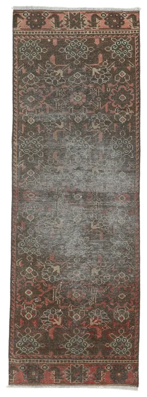 Full top view of the 2'5" x 6'10" charcoal and red vintage runner rug on a white background.