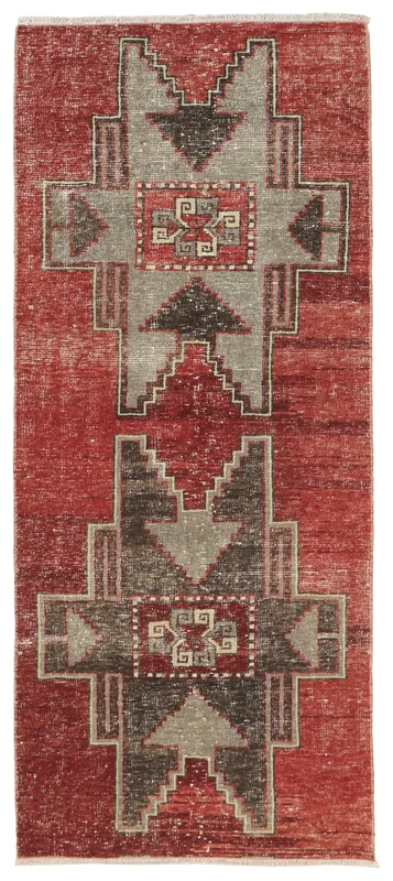 Full overhead view of the 2'9" x 6'6" red geometric Anatolian runner on a white background.