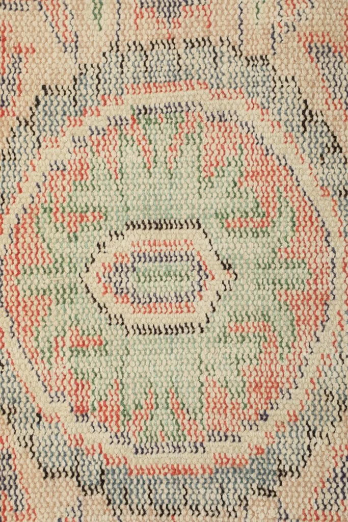 Extreme close-up showing the hand-knotted wool pile and texture of the rug