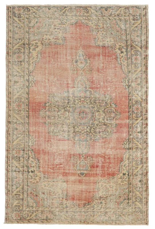 Full top view of a vintage rust Anatolian medallion area rug with gray and beige border