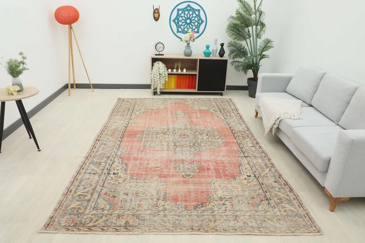 Overhead view of the rug in a room, providing a full perspective of its placement