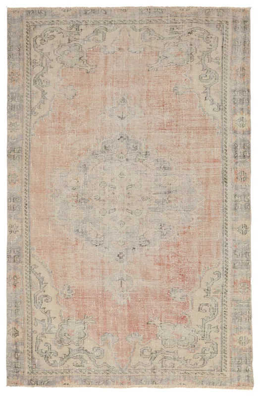 Full top view of the vintage Anatolian area rug with rose and gray medallion pattern