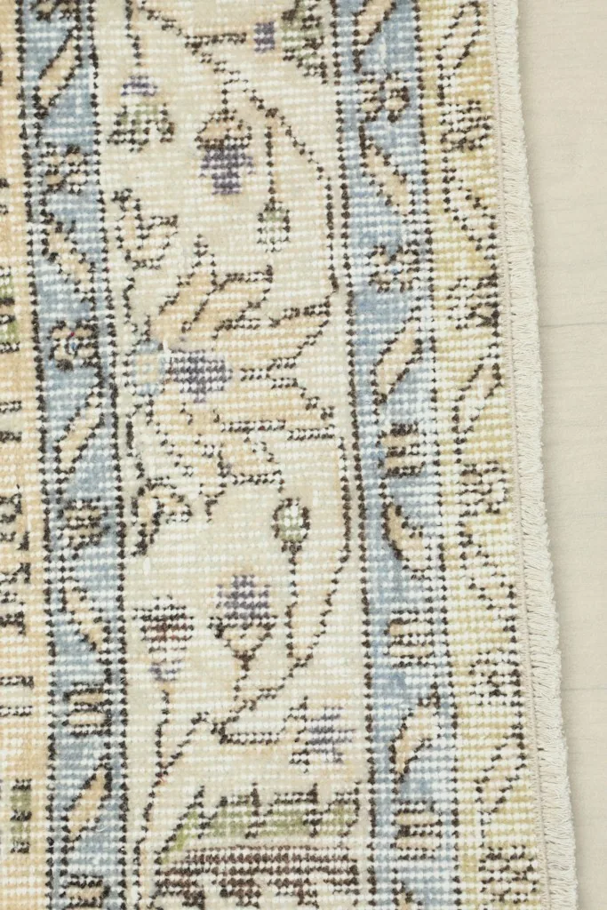 Close-up detail of the rug's border design, showing subtle blue and green tones within the pattern.