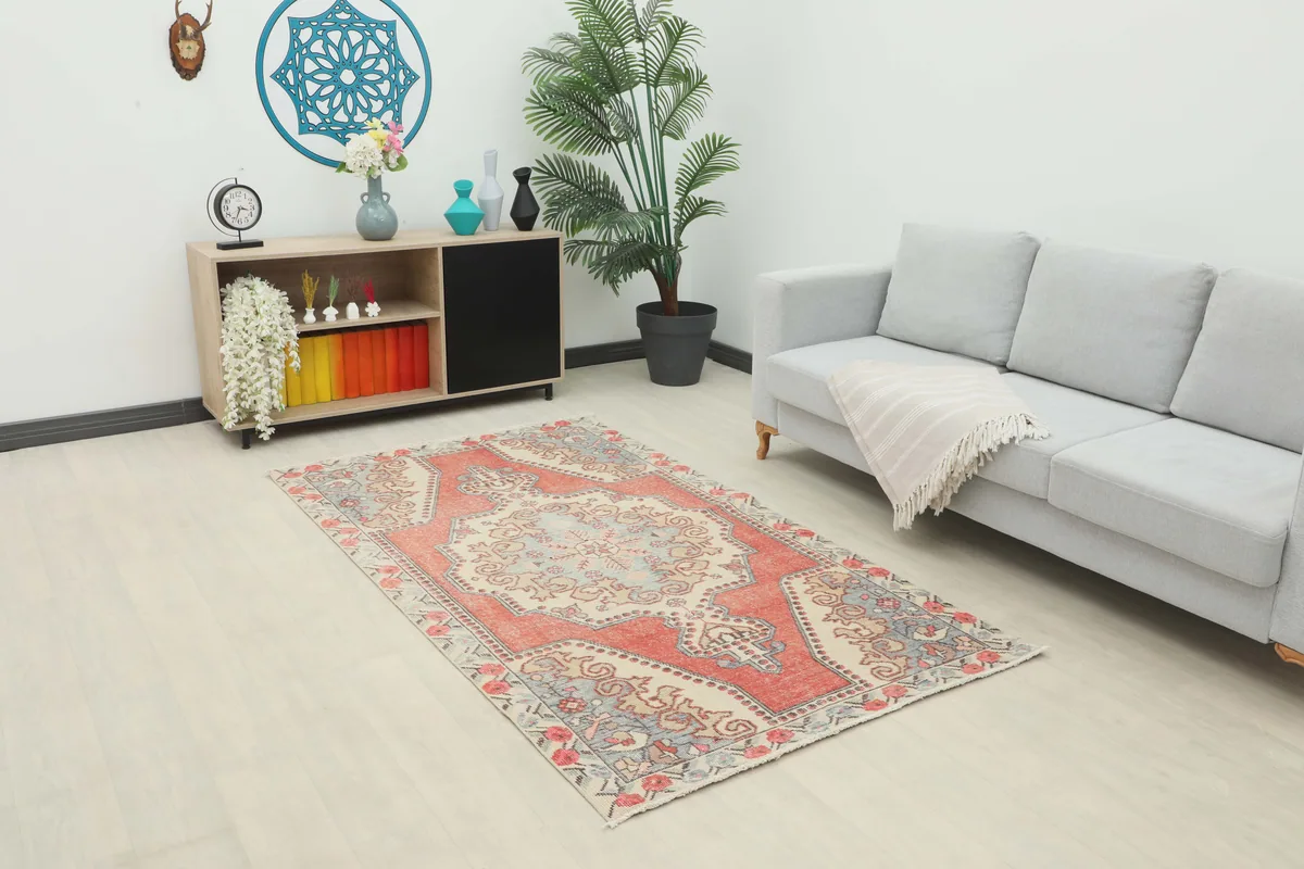 Rust Ivory Medallion Anatolian Rug in a living room setup with a sofa and decor