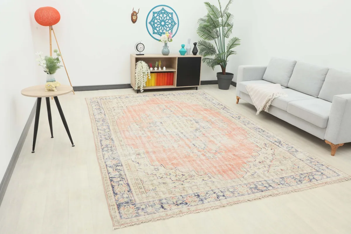 Vintage area rug displayed in a living room setting with a light-colored sofa