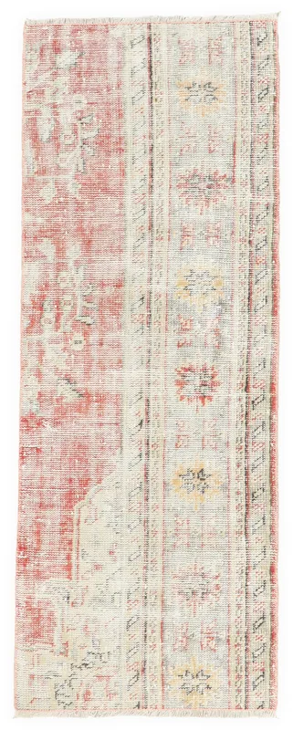 Full overhead view of the 2'2" x 5'10" vintage Anatolian runner rug with rose field and beige geometric patterns