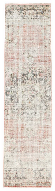 Full top view of the 2'4" x 9'1" vintage Anatolian runner rug with faded rose and gray patterns