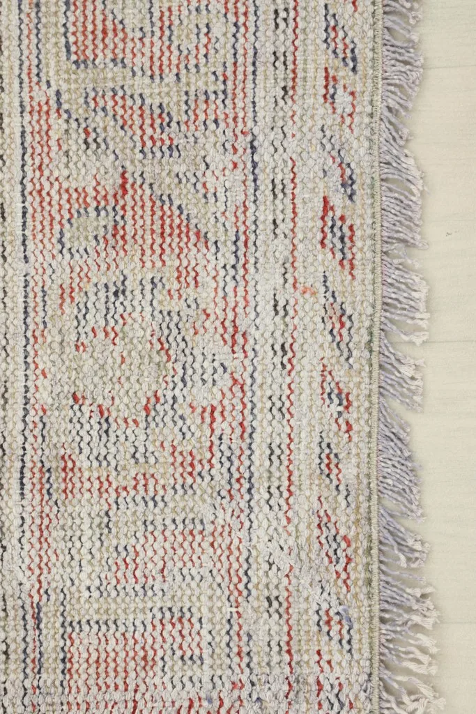 Close-up of the rug's edge, showing the fringed finish and border detail