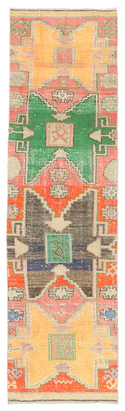 Full overhead view of the multicolor geometric Anatolian runner rug