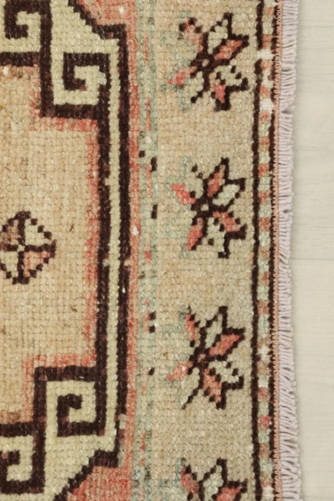 Detail of the rug's border design, featuring small floral-like motifs in rust and beige against a lighter background