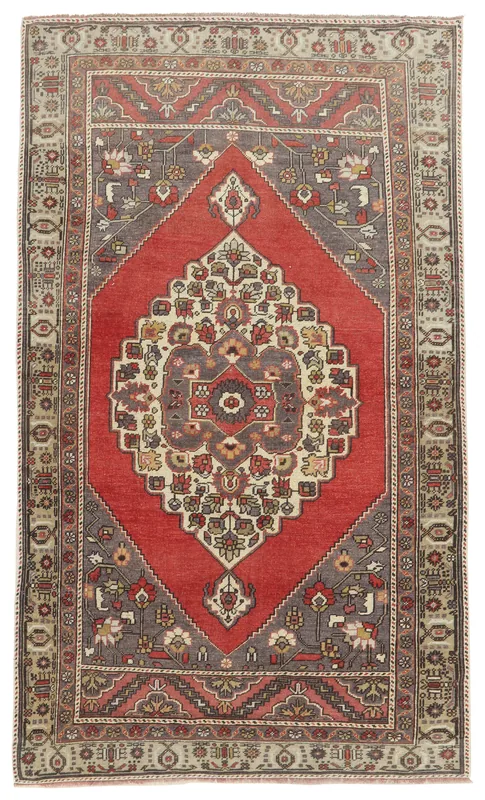 Full overhead view of the Red Gray Medallion Anatolian rug on a white background, showcasing its complete design.