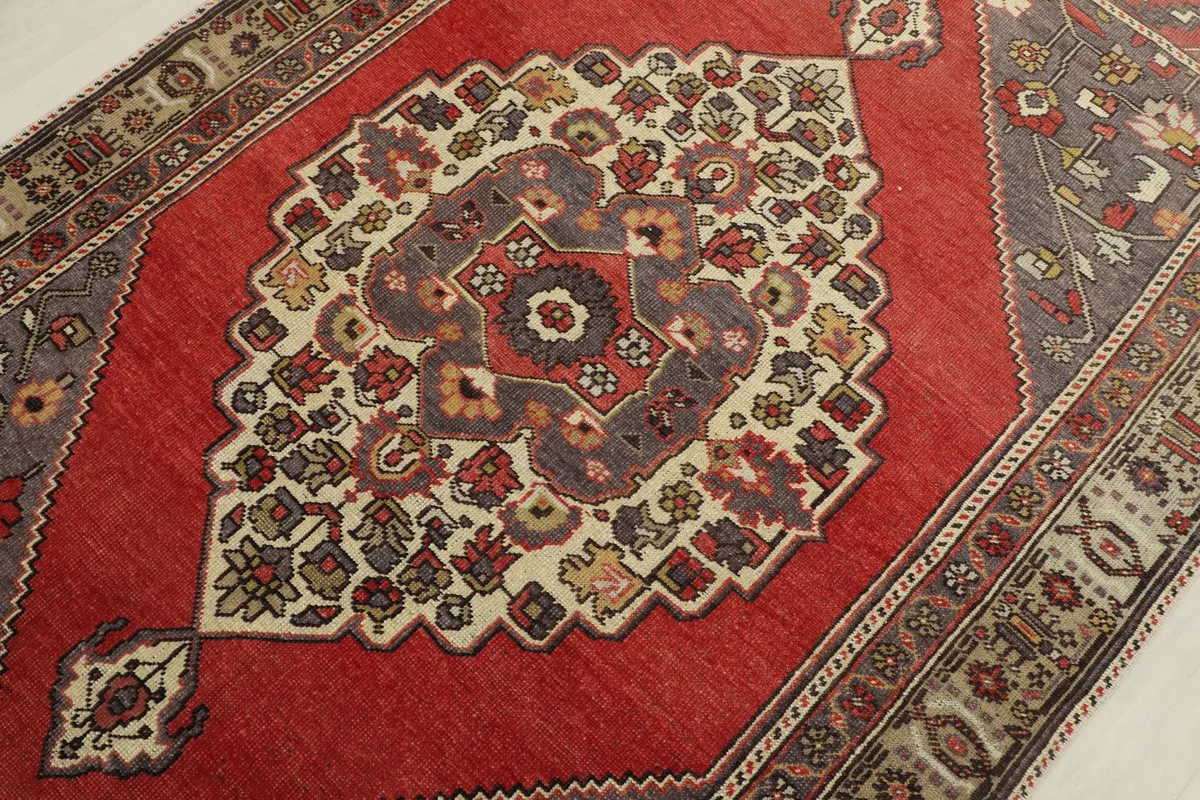 Detailed view of the central red medallion with its complex floral and geometric elements in cream, brown, and gray.