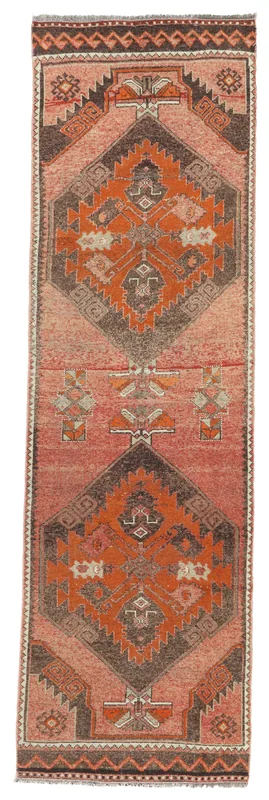 Rose Orange Geometric Anatolian Runner, full top view showing its design and colors.