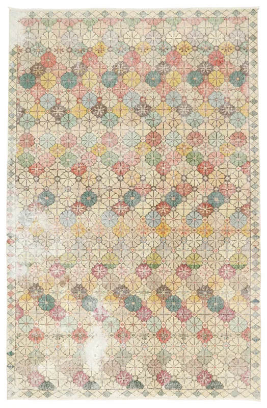 Full top view of the 6'3" x 9'8" vintage Anatolian area rug with multicolor floral geometric pattern on a cream field.