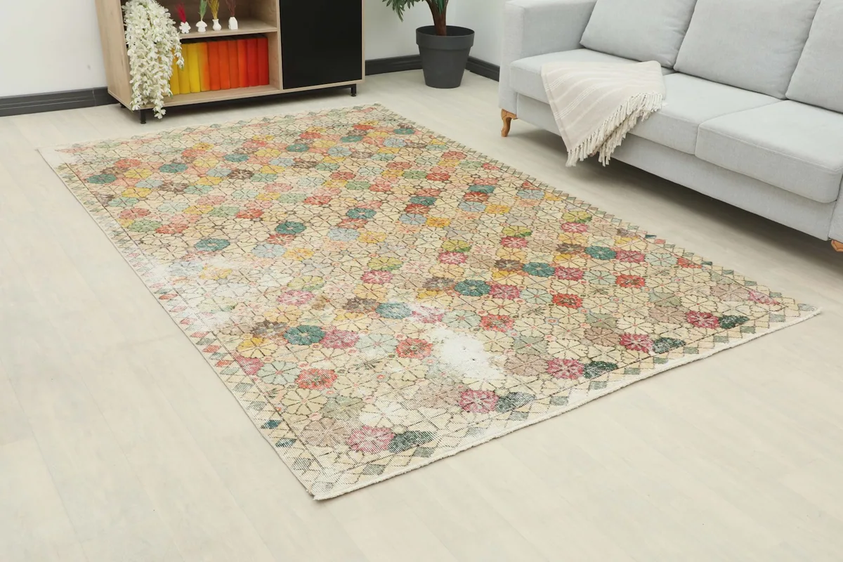 Angle view of the multicolor rug in a room, highlighting its placement relative to furniture.