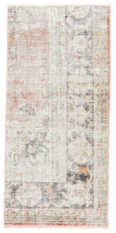 Full top view of the 2'2" x 4'8" faded rust and ivory vintage Anatolian wool rug