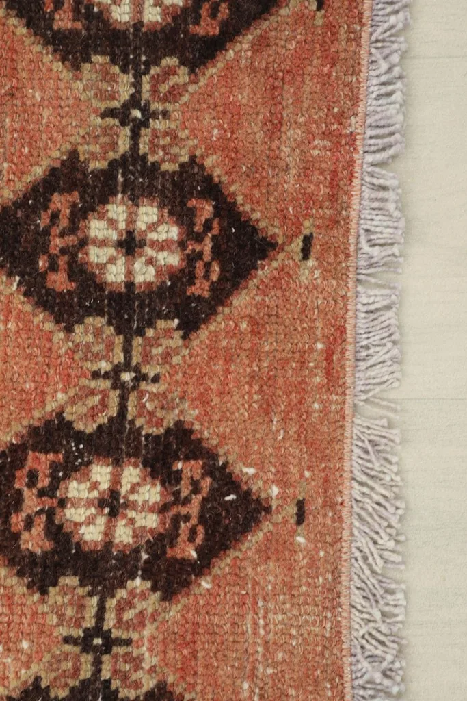 Close-up of the rug's edge, showing the short white fringes and the rust colored pile