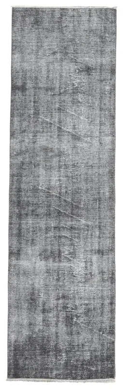 Full overhead view of the 2'7" x 9'1" vintage charcoal and gray runner rug on a white background.