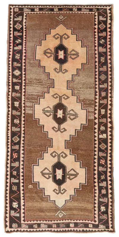 Beige Brown Tribal Anatolian Rug, full top view showing geometric medallions and borders.