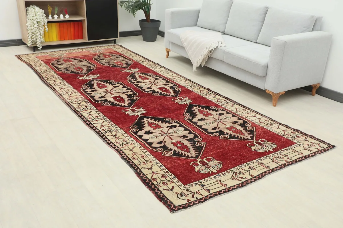 Angle view of the runner rug in a room, highlighting its length and design