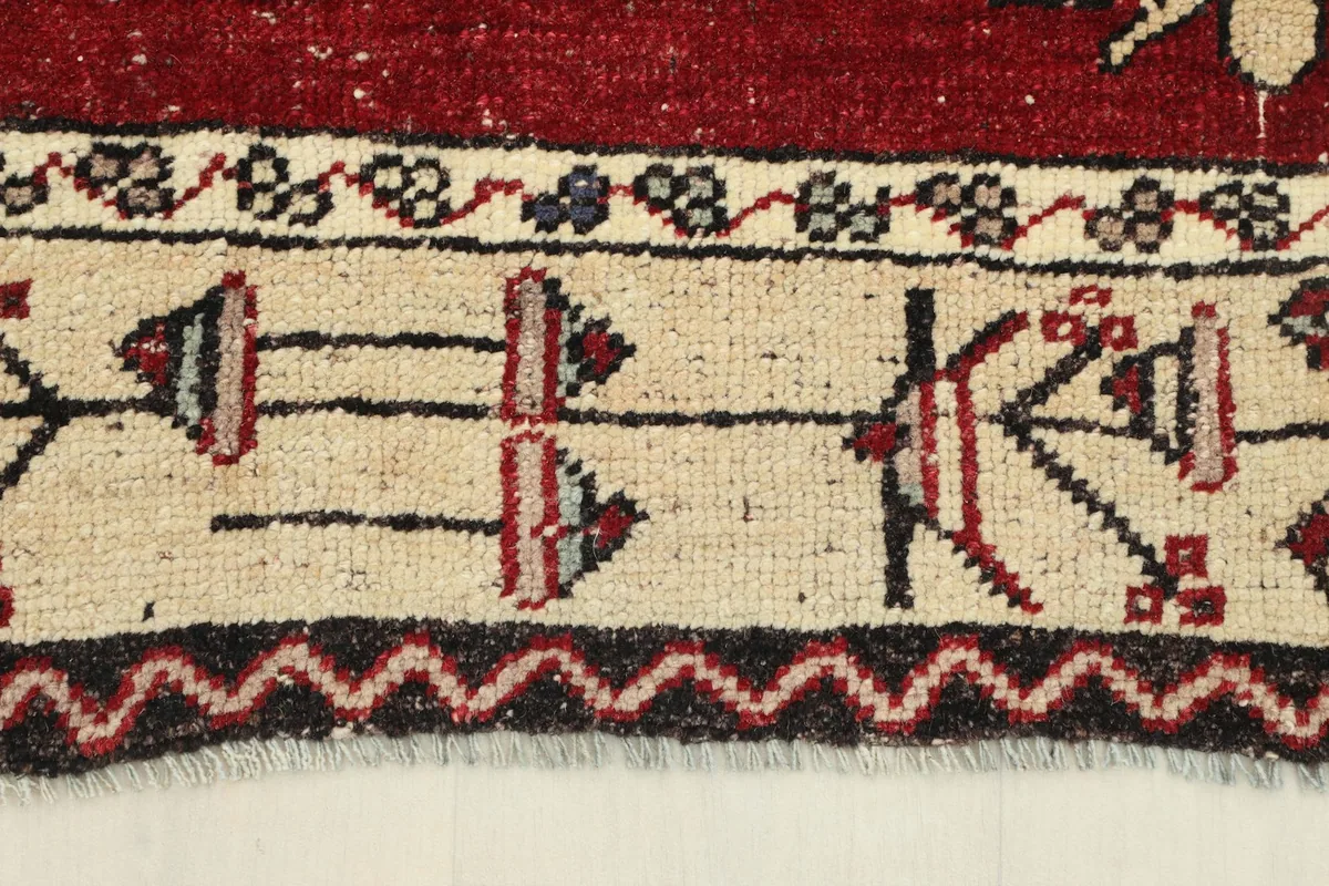 Close-up of the rug's cream border with intricate patterns and fringe