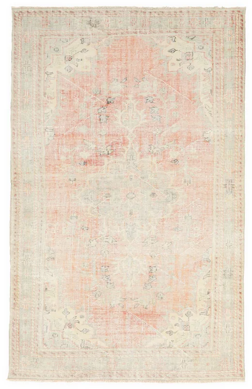 Full top view of the 6x10 rose geometric vintage Anatolian area rug on a white background