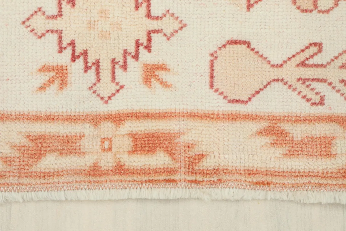 Detail of the rug's outer border with rust-colored tribal motifs and fringe