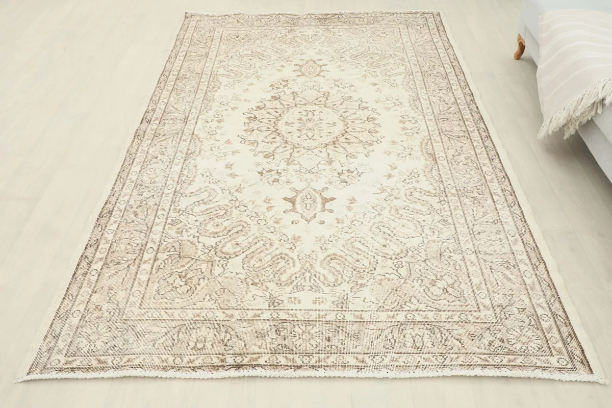 Full overhead shot of the ivory and beige rug, showcasing its overall design and proportions.